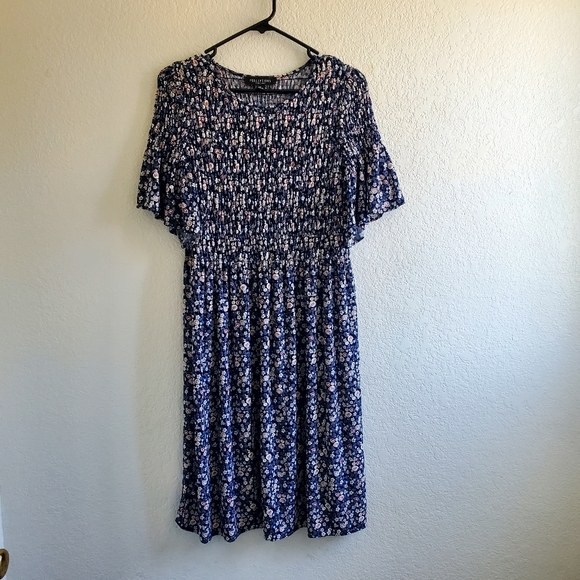 Perceptions New York M Navy Blue Dixie Floral Smocked Dress 90's Y2K Church - Picture 1 of 6